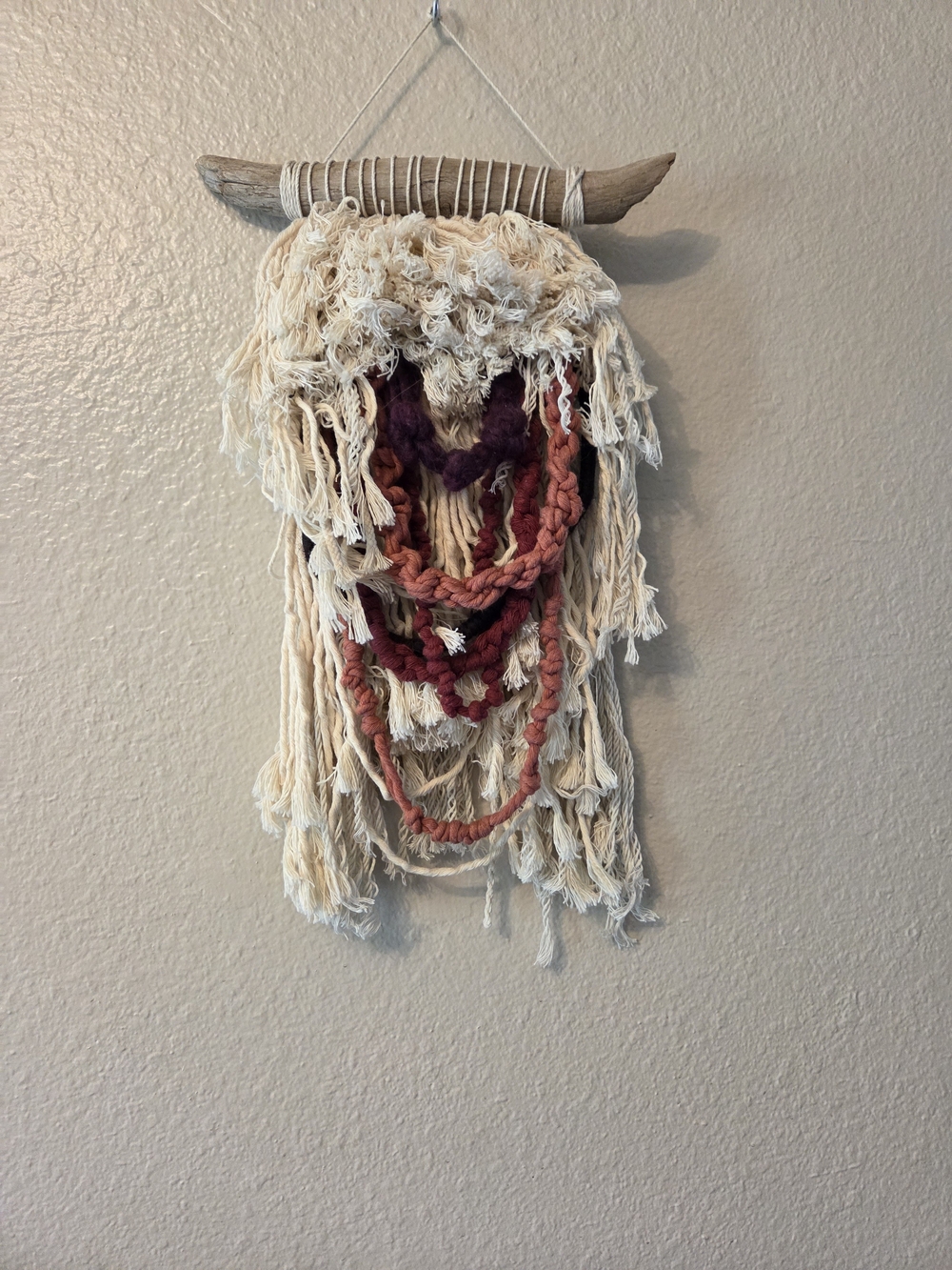 Handmade Macramé Wall Hanging with Driftwood and Braids- Cream & Dusty Rose Boho